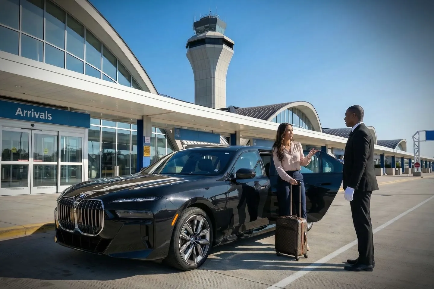 St. Louis Lambert International (STL) Airport Car Service Professional chauffeur greeting passenger at STL baggage claim arrivals area