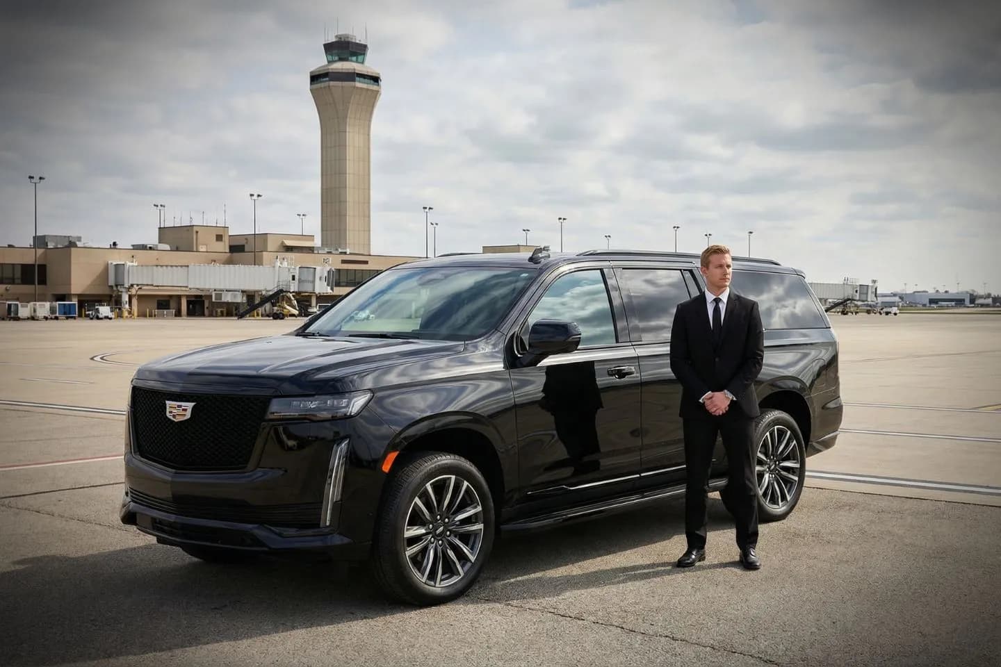 Kansas City International (MCI) Airport Car Service Black luxury sedan parked at Kansas City International Airport new terminal curbside