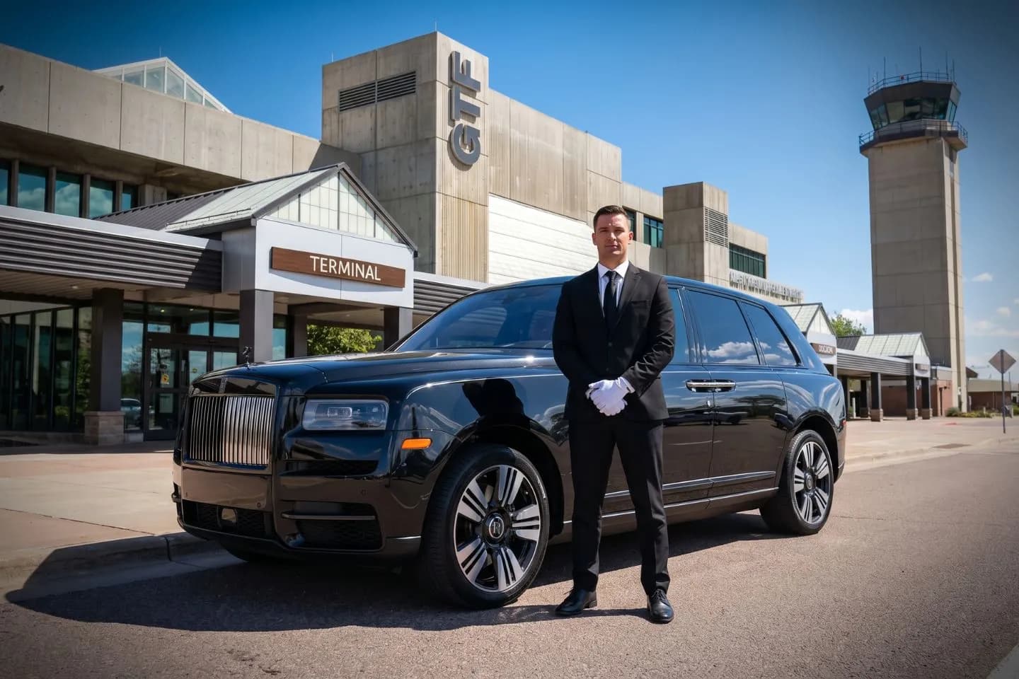 Great Falls International (GTF) Airport Car Service Black Cadillac Escalade chauffeured car at Great Falls airport for ride to Montana ExpoPark and Four Seasons Arena
