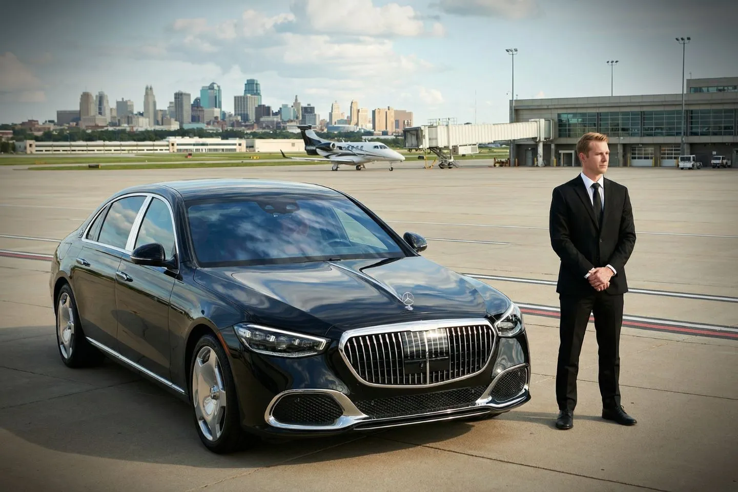 Charles B. Wheeler Downtown (MKC) Airport Car Service Black luxury sedan parked at Charles B. Wheeler Downtown Airport FBO entrance in Kansas City