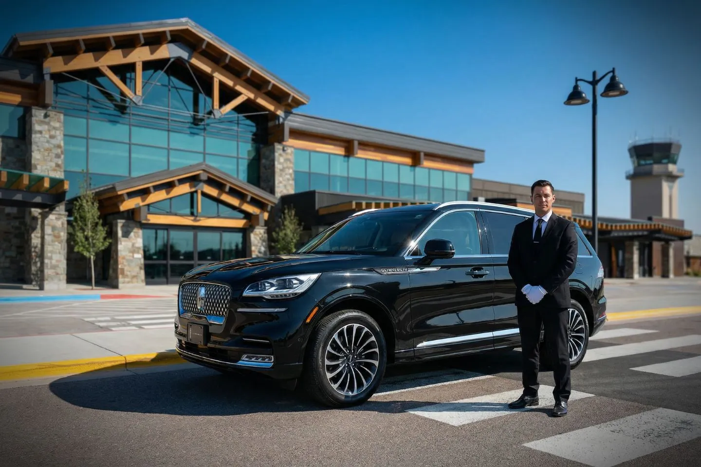 Glacier Park International (FCA) Airport Car Service Luxury black Mercedes Benz S Class at Glacier Park International Airport FCA terminal curbside in Kalispell Montana