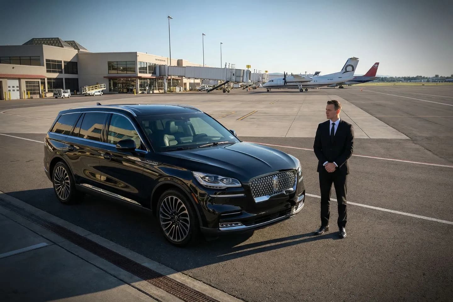Glacier Park International (FCA) Airport Car Service Black Cadillac Escalade chauffeured car at Glacier Park International airport for ride to Flathead Lake and Bigfork Montana