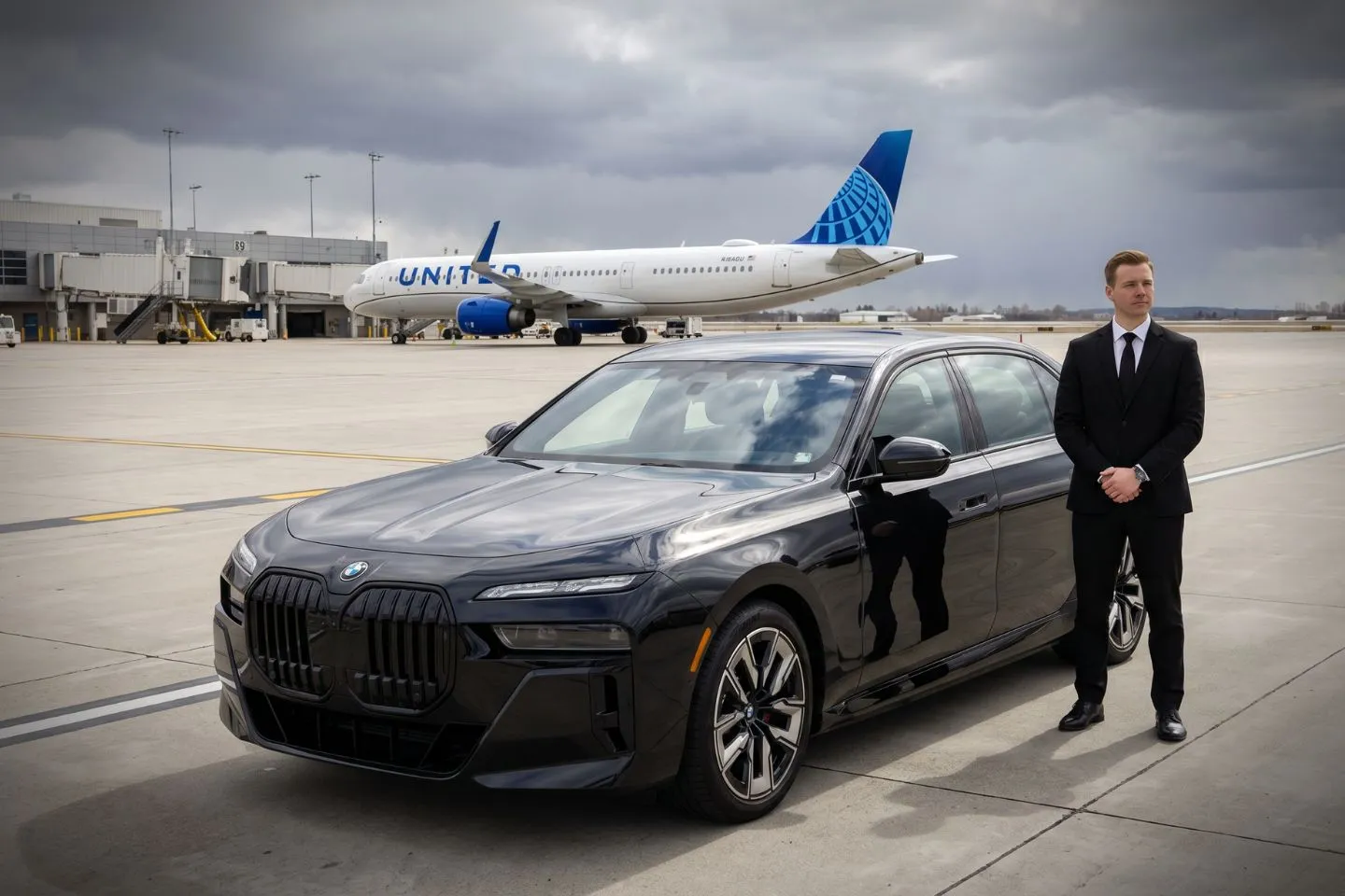 Eppley Airfield (OMA) Airport Car Service Black luxury sedan parked at Eppley Airfield Airport terminal curbside in Omaha Nebraska
