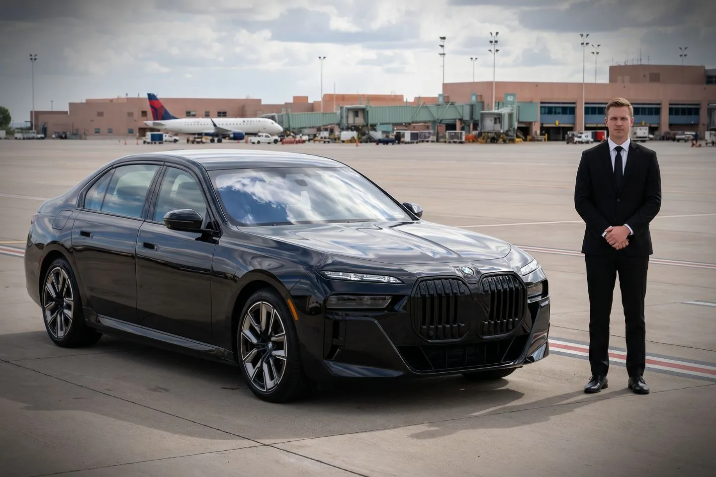 Albuquerque International Sunport (ABQ) Airport Car Service Black luxury sedan parked at Albuquerque International Sunport terminal curbside in New Mexico
