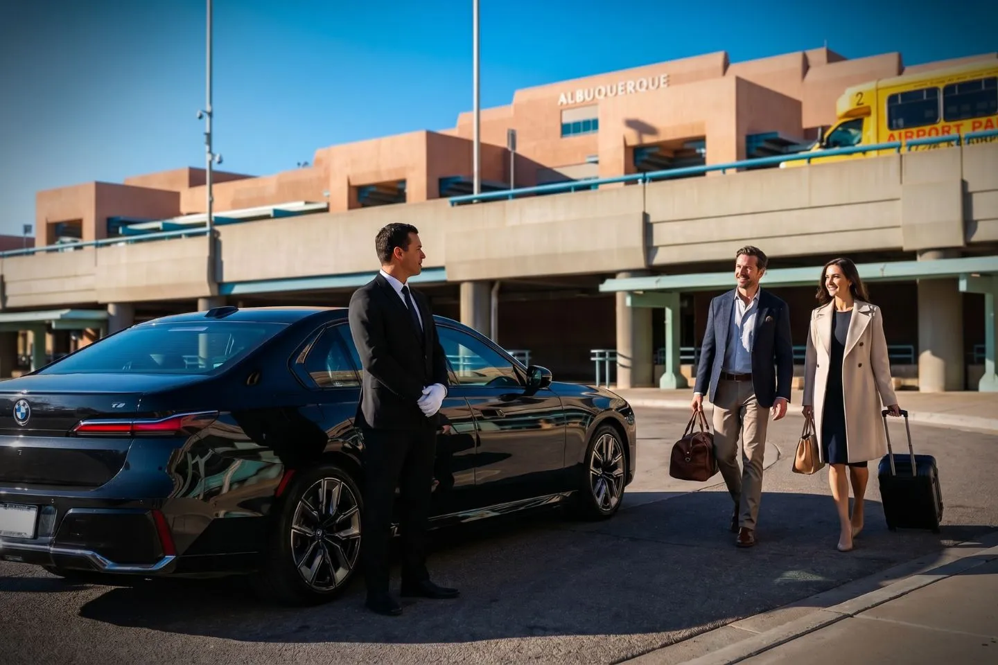 Albuquerque International Sunport (ABQ) Airport Car Service Professional chauffeur greeting passenger at ABQ baggage claim arrivals area
