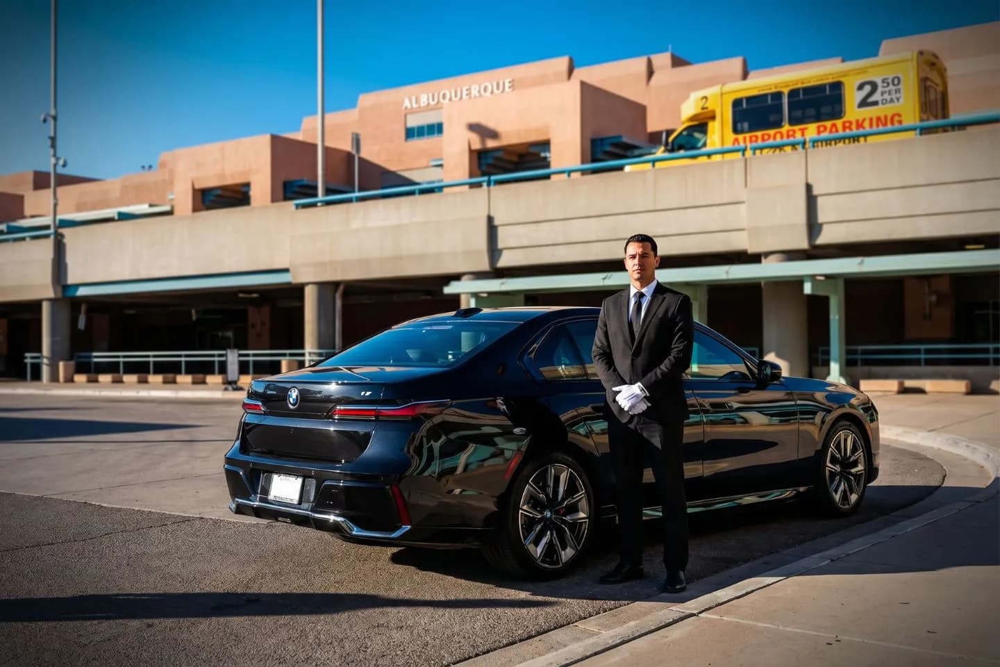 Albuquerque International Sunport (ABQ) Airport Car Service Premium SUV ready for ABQ airport pickup near Old Town Albuquerque