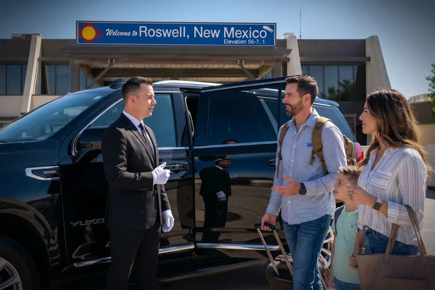 Roswell International Air Center (ROW) Airport Car Service Professional chauffeur greeting passenger at ROW baggage claim arrivals area