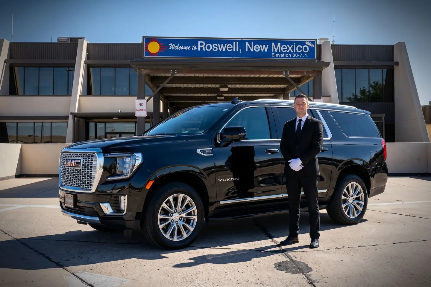 Roswell International Air Center (ROW) Airport Car Service Premium SUV ready for ROW airport pickup near downtown Roswell and UFO Museum
