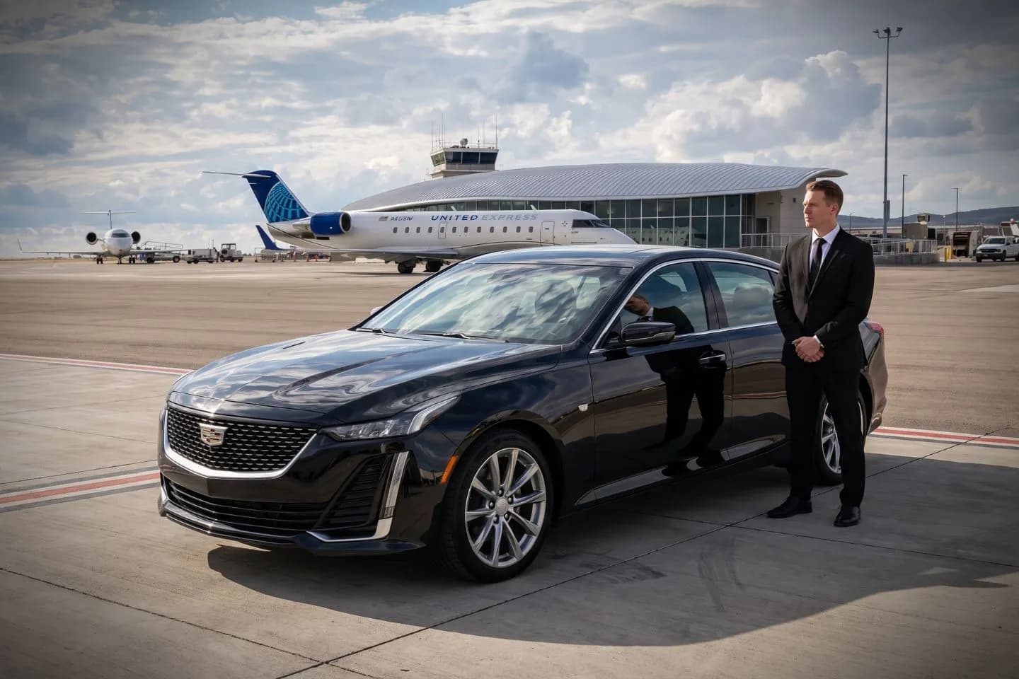 Lea County Regional (HOB) Airport Car Service Black luxury sedan parked at Lea County Regional Airport terminal curbside in Hobbs New Mexico