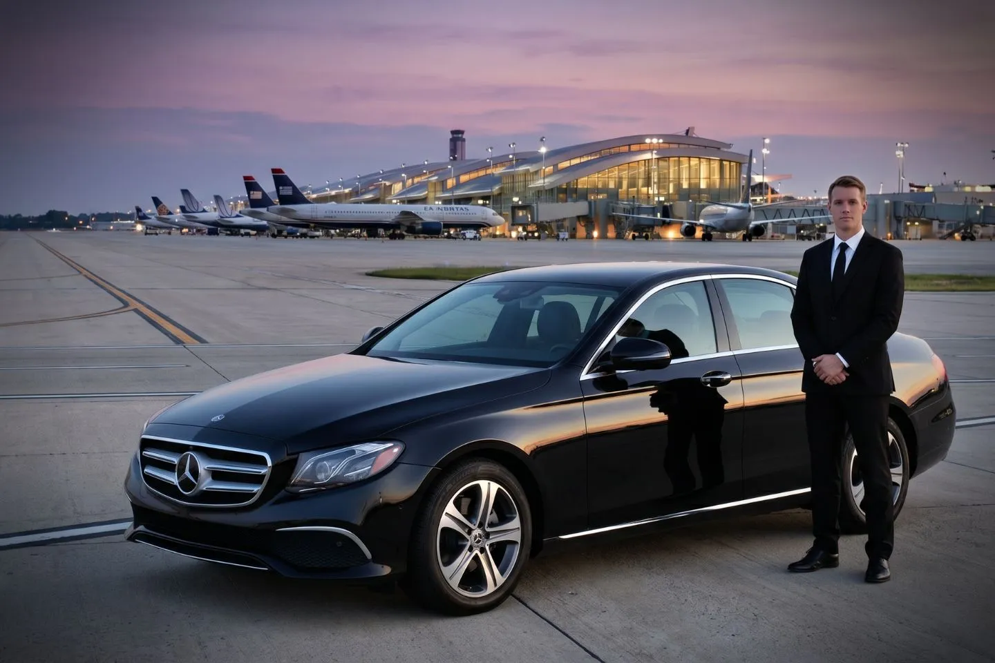 Raleigh Durham International (RDU) Airport Car Service Black luxury sedan parked at Raleigh Durham International Airport Terminal 2 curbside