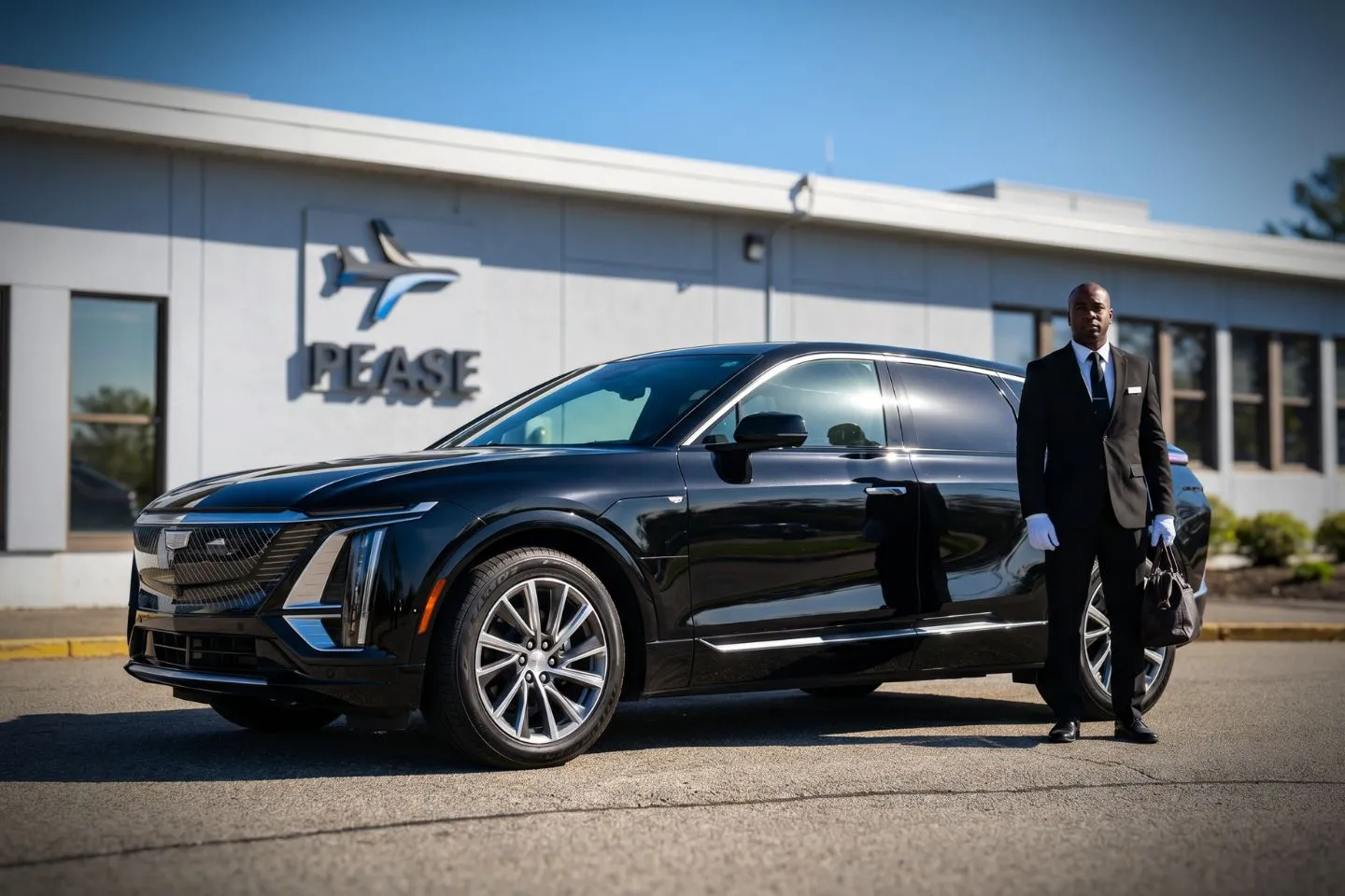 Portsmouth International (PSM) Airport Car Service Luxury black Mercedes Benz S Class at Portsmouth International Airport PSM terminal curbside at Pease in New Hampshire