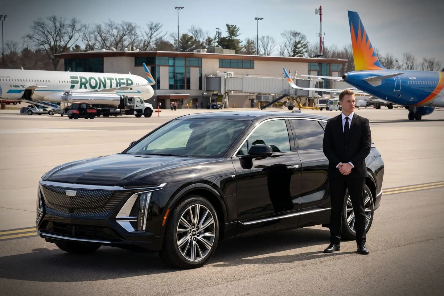 Portsmouth International (PSM) Airport Car Service Black Cadillac Escalade chauffeured car at Portsmouth airport for ride to Portsmouth Naval Shipyard and Kittery Maine