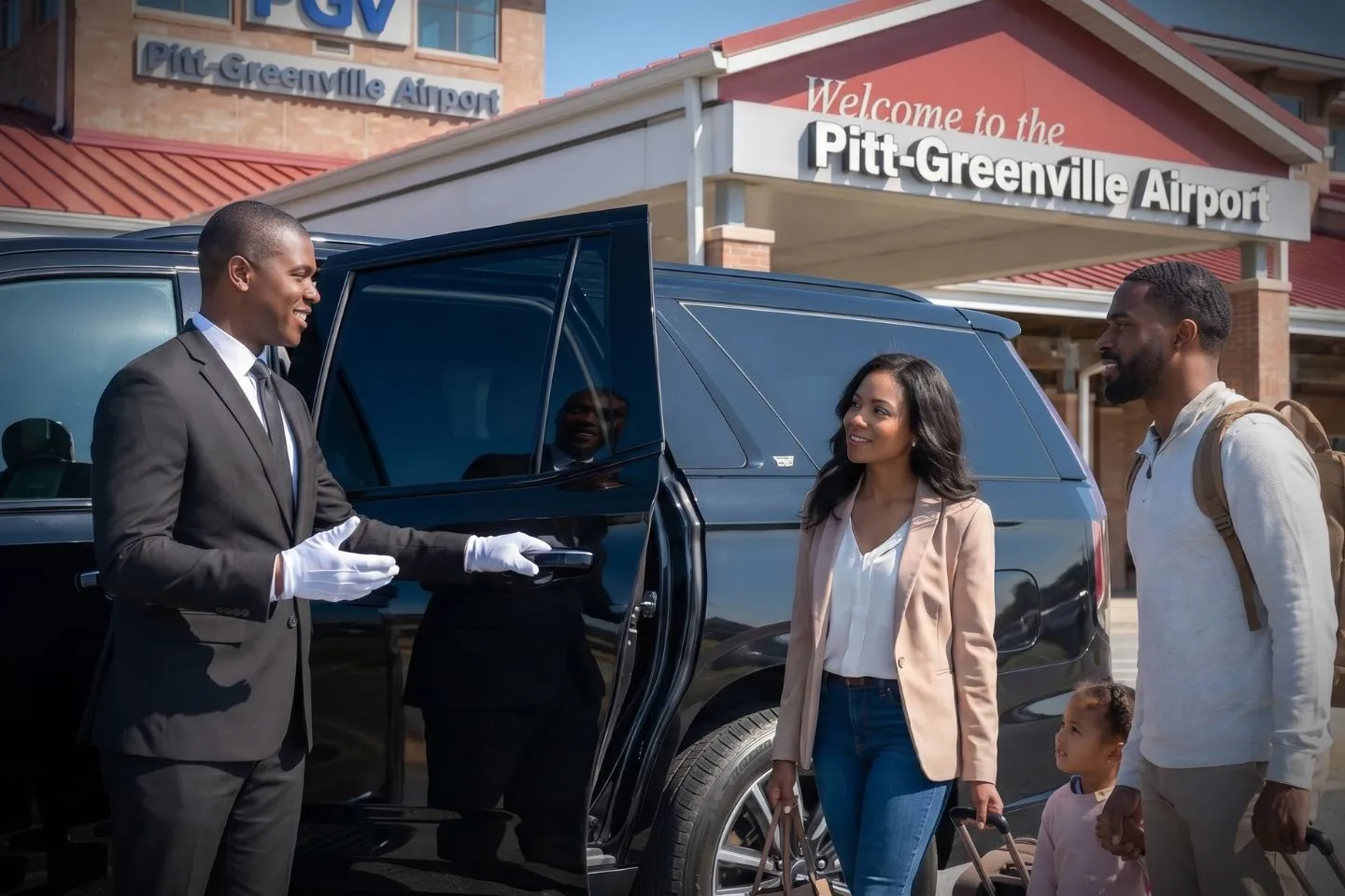 Pitt Greenville (PGV) Airport Car Service Professional chauffeur greeting passenger at PGV baggage claim arrivals area