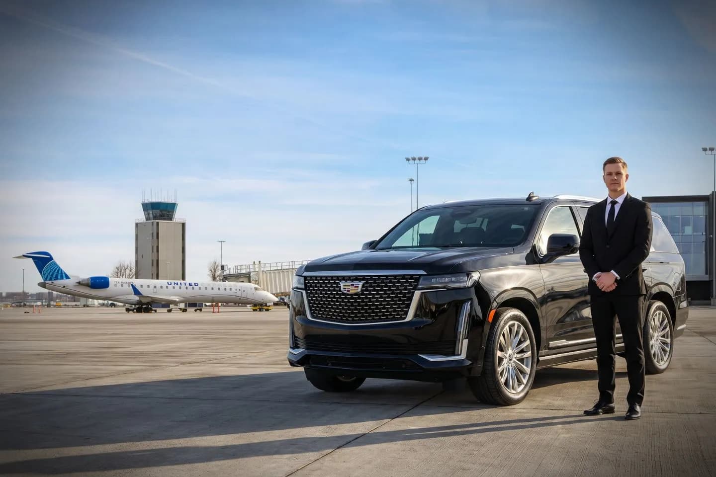 Hector International (FAR) Airport Car Service Black Cadillac Escalade chauffeured car at Hector International airport for ride to Moorhead Minnesota and Concordia College
