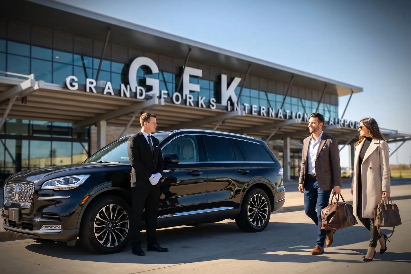 Grand Forks International (GFK) Airport Car Service Union Limousine chauffeur greeting UND Fighting Hawks parent at GFK Grand Forks International airport baggage claim