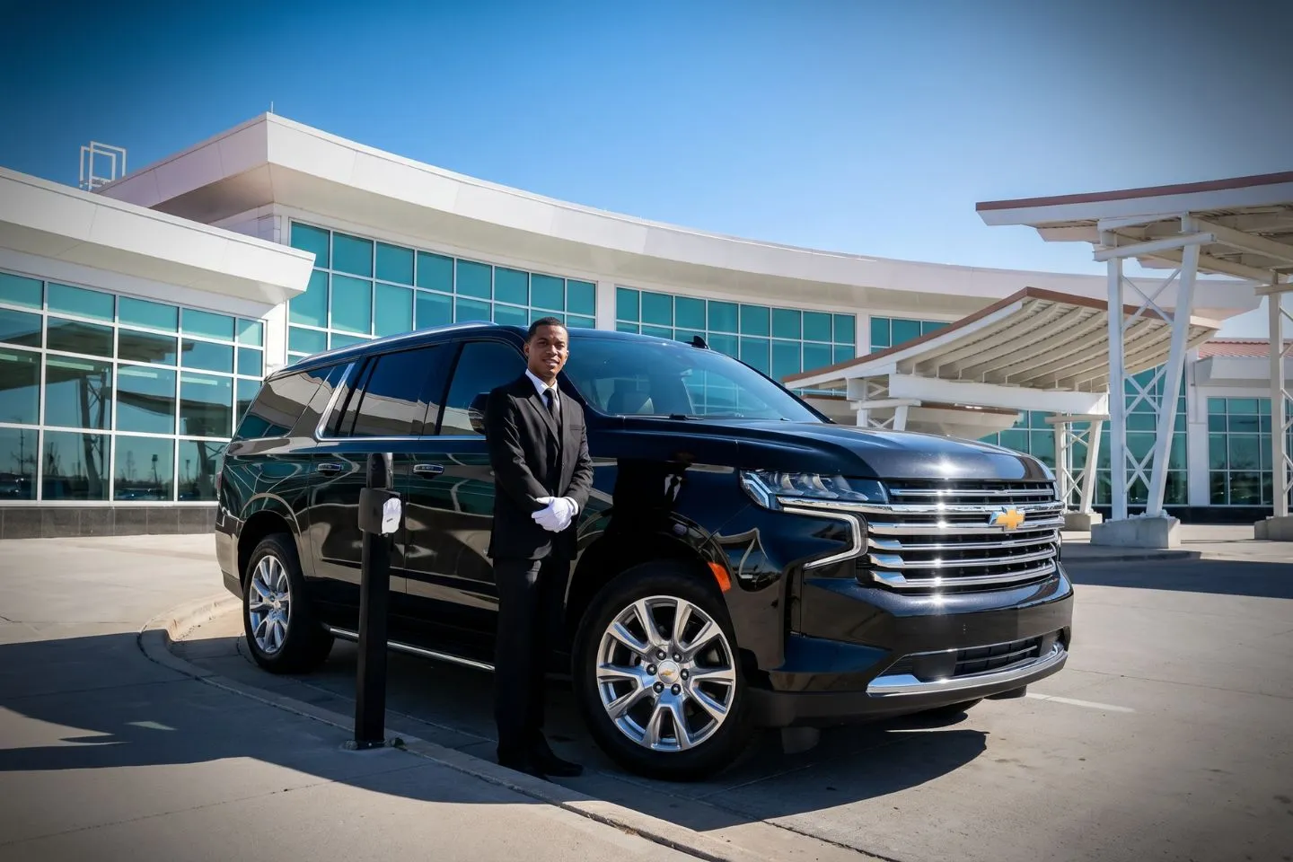 Minot International (MOT) Airport Car Service Black Cadillac Escalade chauffeured car at Minot International airport for ride to Trinity Health Minot hospital