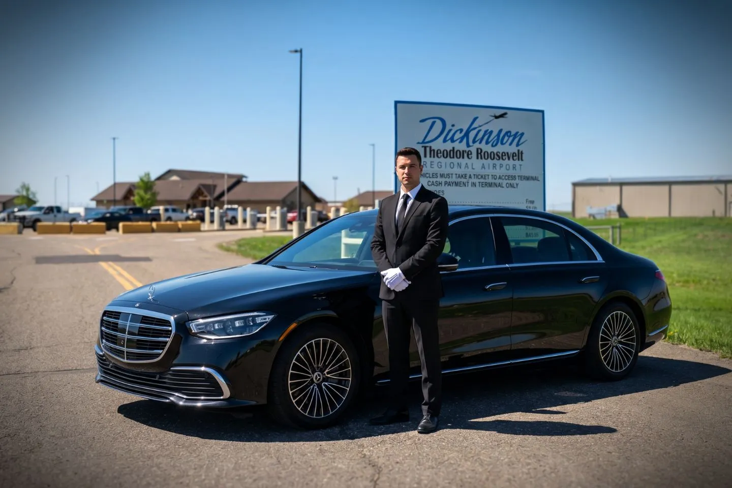 Dickinson Theodore Roosevelt Regional (DIK) Airport Car Service Union Limousine chauffeur greeting oil and gas executive at DIK Dickinson Theodore Roosevelt Regional airport baggage claim