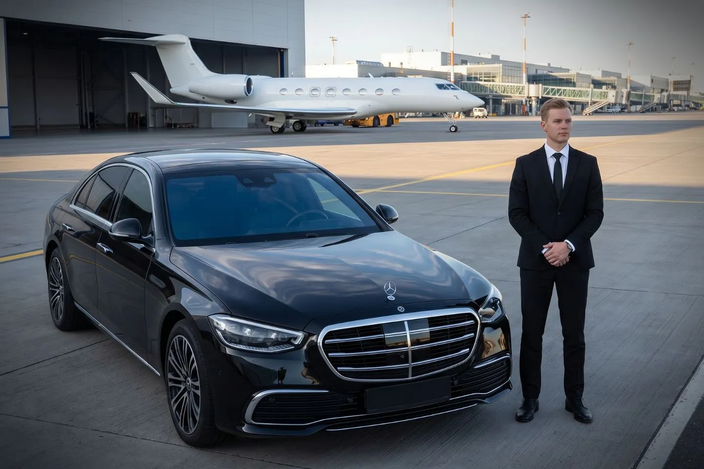 Dickinson Theodore Roosevelt Regional (DIK) Airport Car Service Luxury black Mercedes Benz S Class at Dickinson Theodore Roosevelt Regional Airport DIK terminal curbside in North Dakota