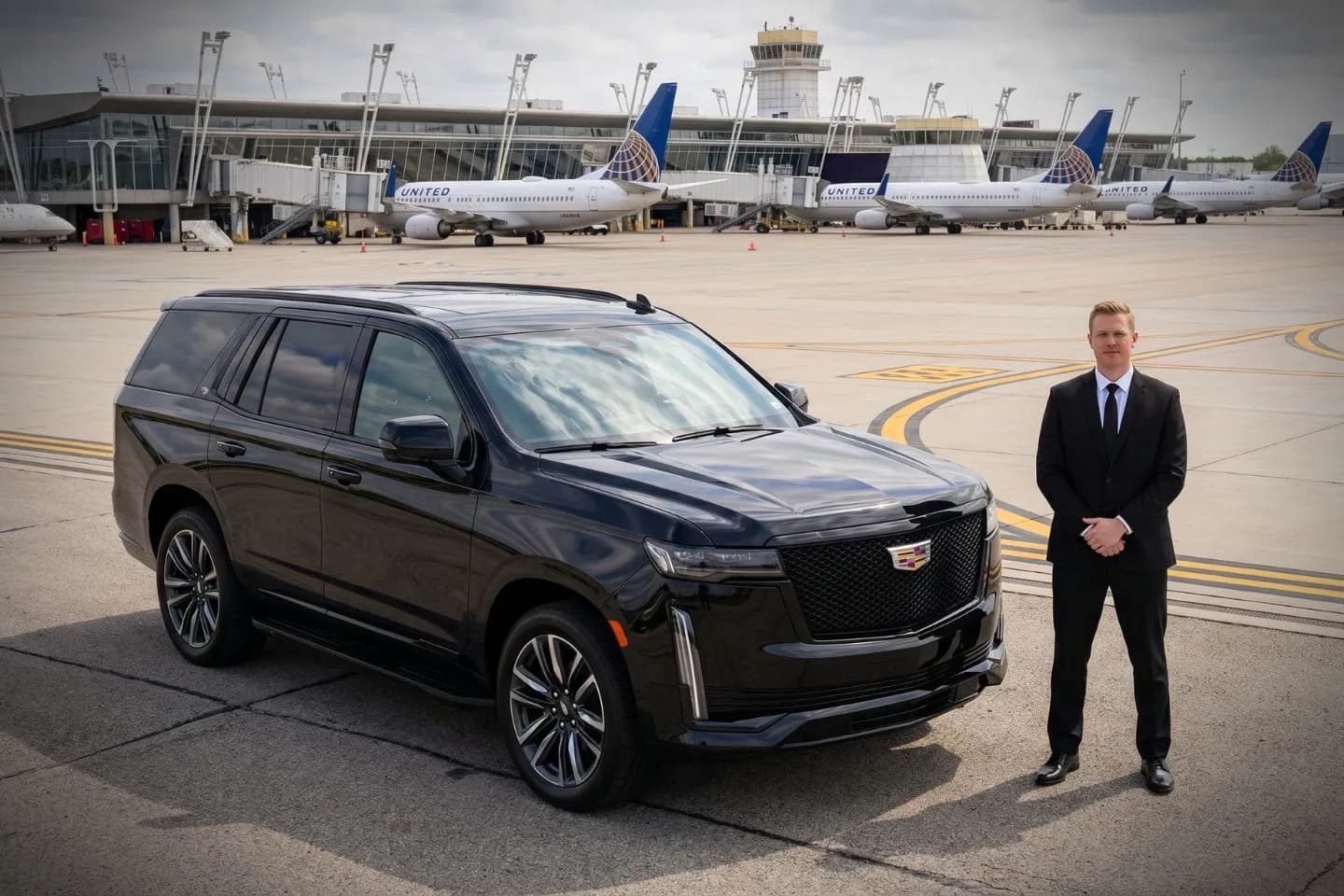 Cleveland Hopkins International (CLE) Airport Car Service Black luxury sedan parked at Cleveland Hopkins International Airport terminal curbside