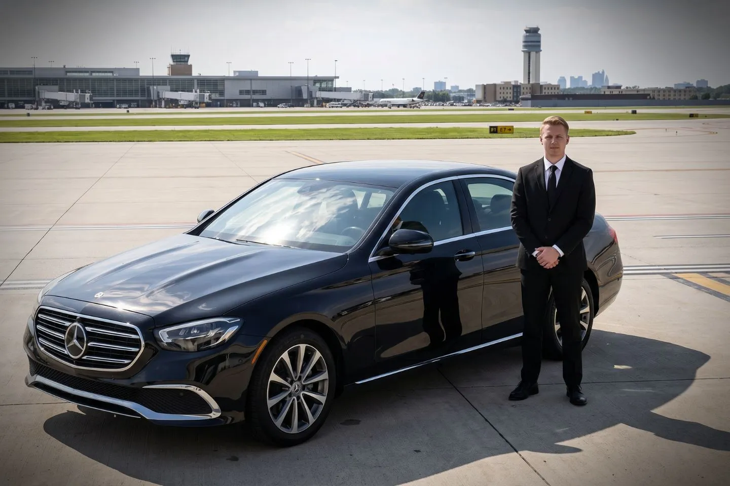 John Glenn Columbus International (CMH) Airport Car Service Black luxury sedan parked at John Glenn Columbus International Airport terminal curbside