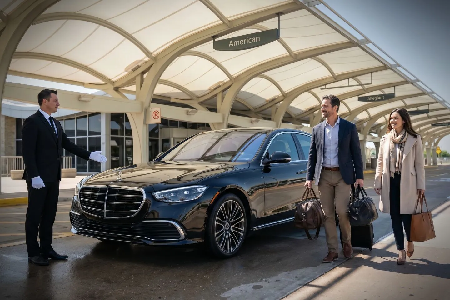 Tulsa International Airport (TUL) Airport Car Service Luxury black Mercedes Benz S Class at Tulsa International Airport TUL terminal curbside in Tulsa Oklahoma