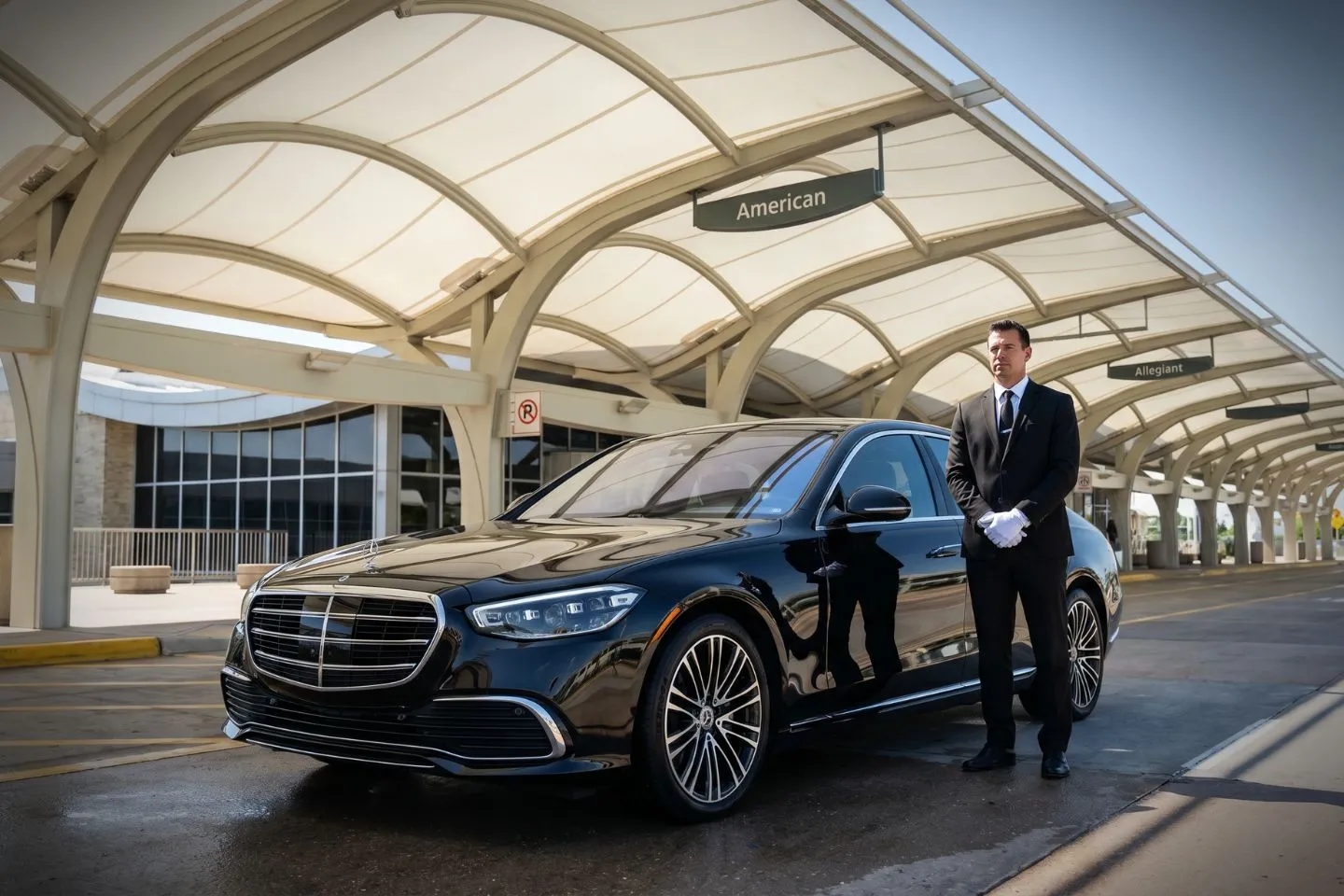 Tulsa International Airport (TUL) Airport Car Service Black Cadillac Escalade chauffeured car at Tulsa International airport for ride to Philbrook Museum of Art and Gilcrease Museum