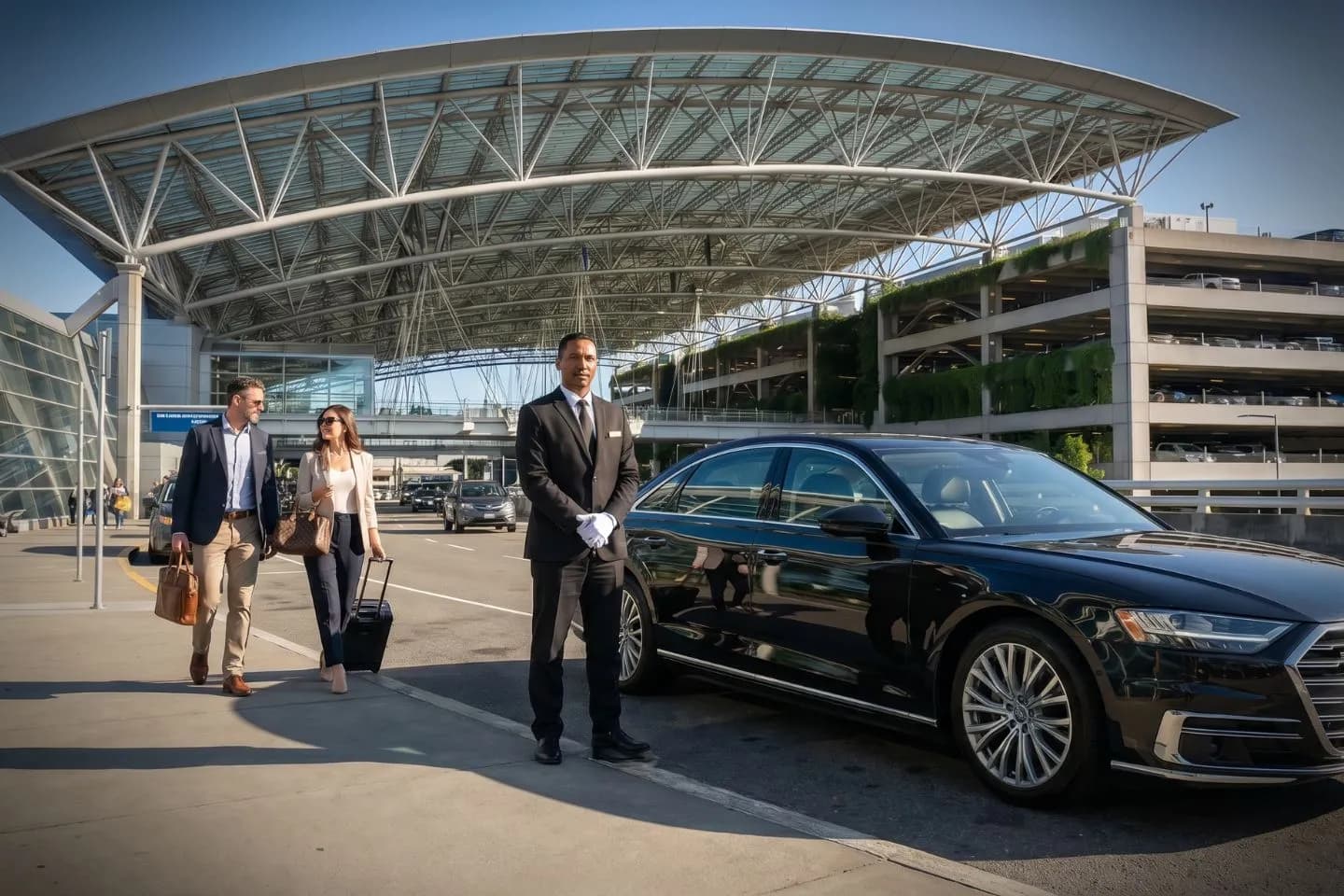 Portland International (PDX) Airport Car Service Luxury black Mercedes Benz S Class at Portland International Airport PDX terminal curbside in Oregon