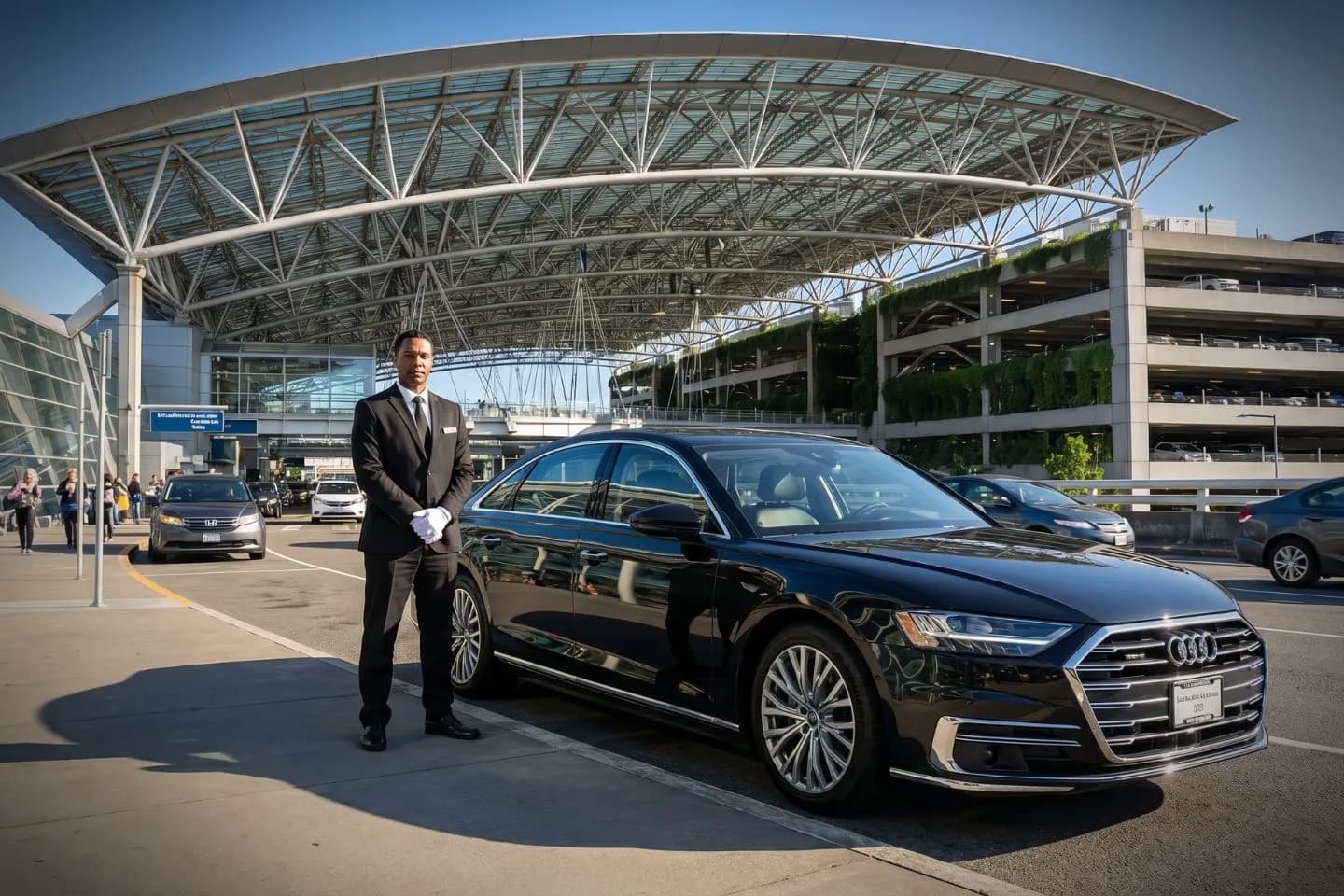 Portland International (PDX) Airport Car Service Black Cadillac Escalade chauffeured car at Portland International airport for ride to Mount Hood and Timberline Lodge