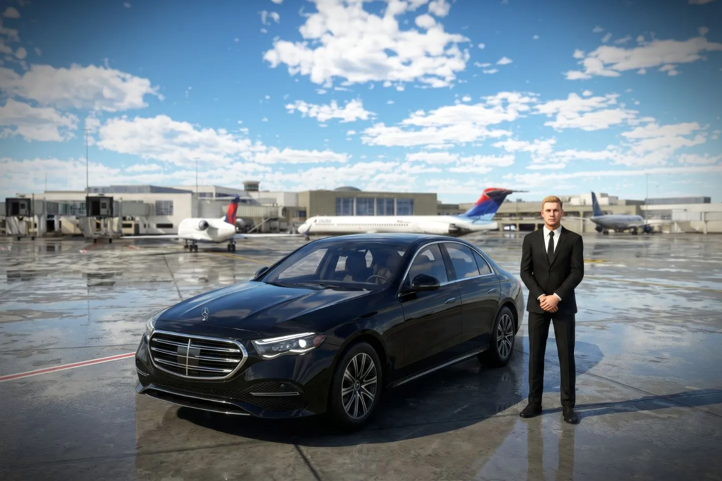 Charleston International (CHS) Airport Car Service Black Cadillac Escalade chauffeured car at Charleston International airport for ride to Kiawah Island and Sea Pines