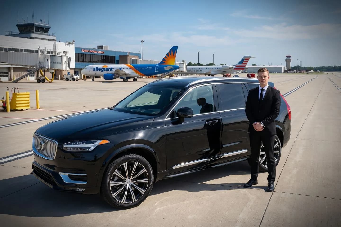 Toledo Express (TOL) Airport Car Service Black luxury sedan parked at Toledo Express Airport terminal curbside in Ohio