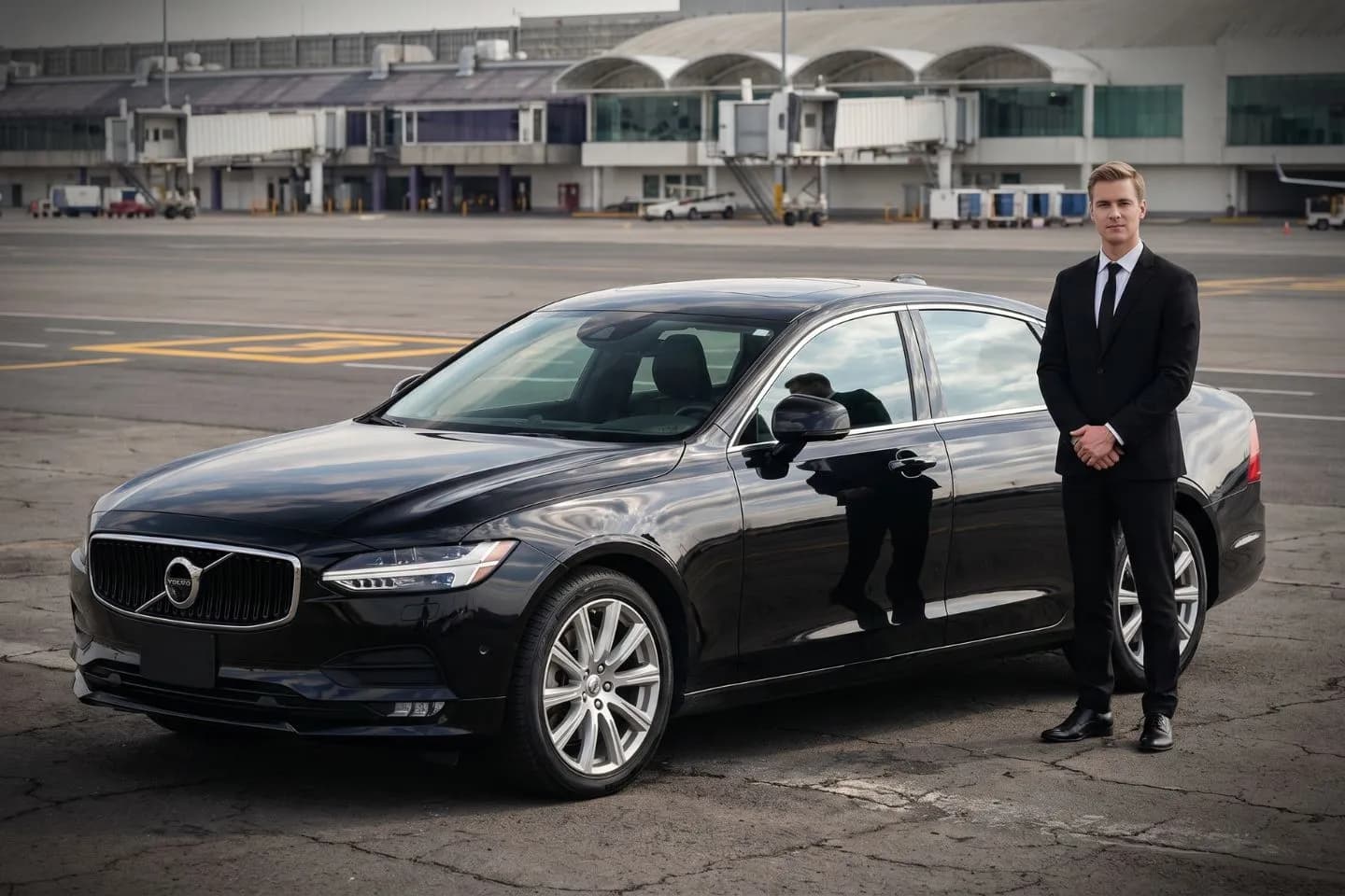 Cuyahoga County (CGF) Airport Car Service Black luxury sedan parked at Cuyahoga County Airport FBO entrance in Richmond Heights Ohio
