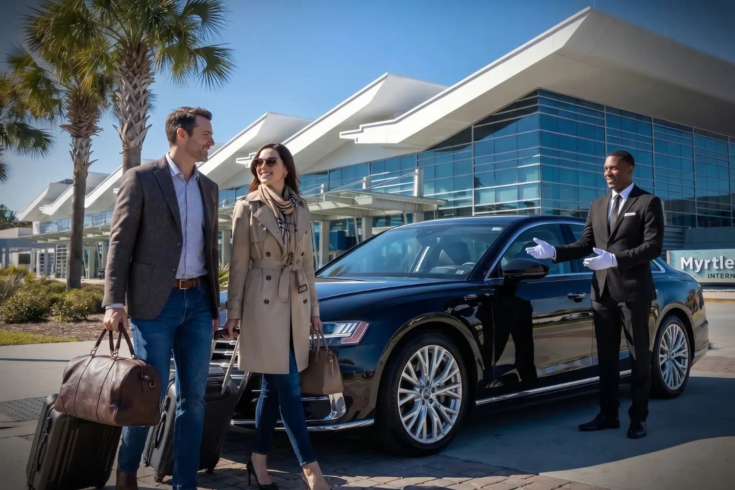 Myrtle Beach International (MYR) Airport Car Service Union Limousine chauffeur greeting Grand Strand vacation guest at MYR Myrtle Beach International airport baggage claim