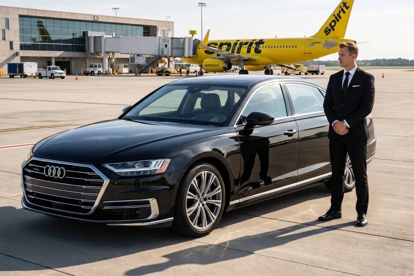 Myrtle Beach International (MYR) Airport Car Service Black Cadillac Escalade chauffeured car at Myrtle Beach International airport for ride to Brookgreen Gardens and Pawleys Island