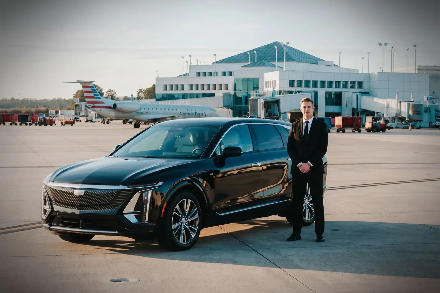Columbia Metropolitan (CAE) Airport Car Service Black Cadillac Escalade chauffeured car at Columbia Metropolitan airport for ride to Lake Murray and Chapin South Carolina