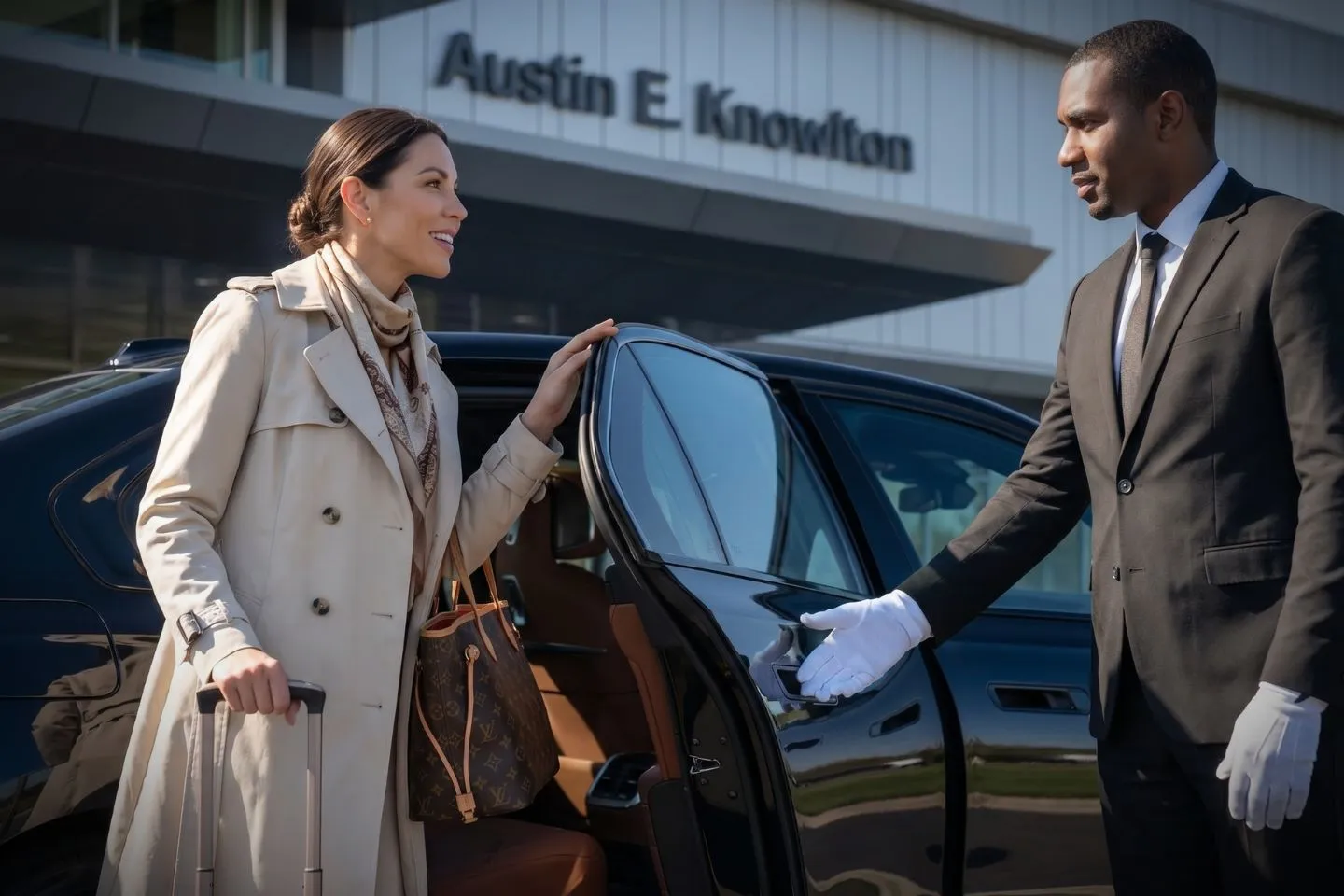 The Ohio State University (OSU) Airport Car Service Professional chauffeur greeting passenger at OSU FBO lobby private aviation arrivals