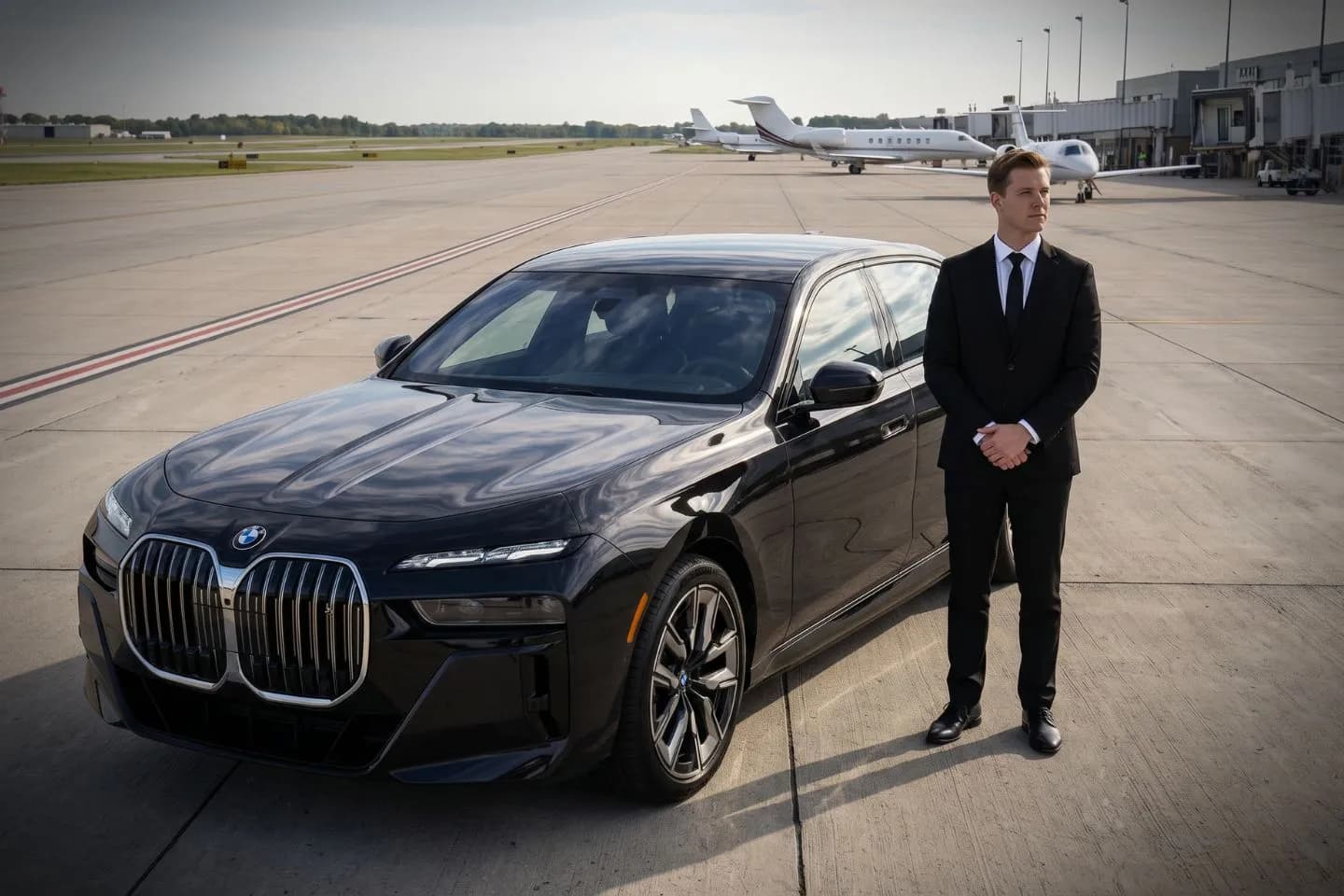 The Ohio State University (OSU) Airport Car Service Black luxury sedan parked at Ohio State University Airport FBO entrance in Columbus