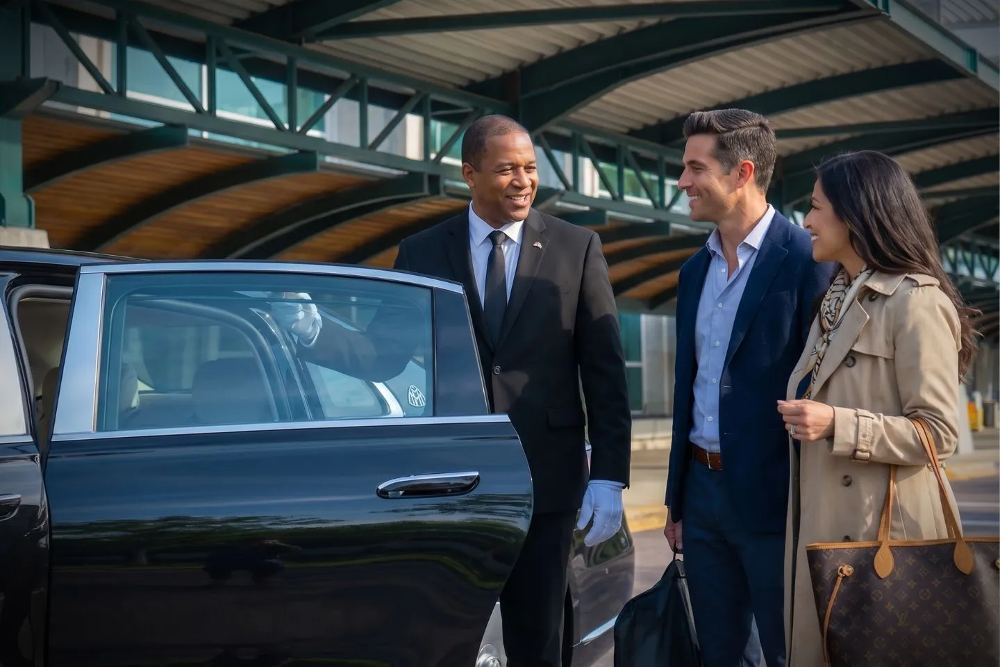 Burlington International (BTV) Airport Car Service Professional chauffeur greeting passenger at BTV baggage claim arrivals area