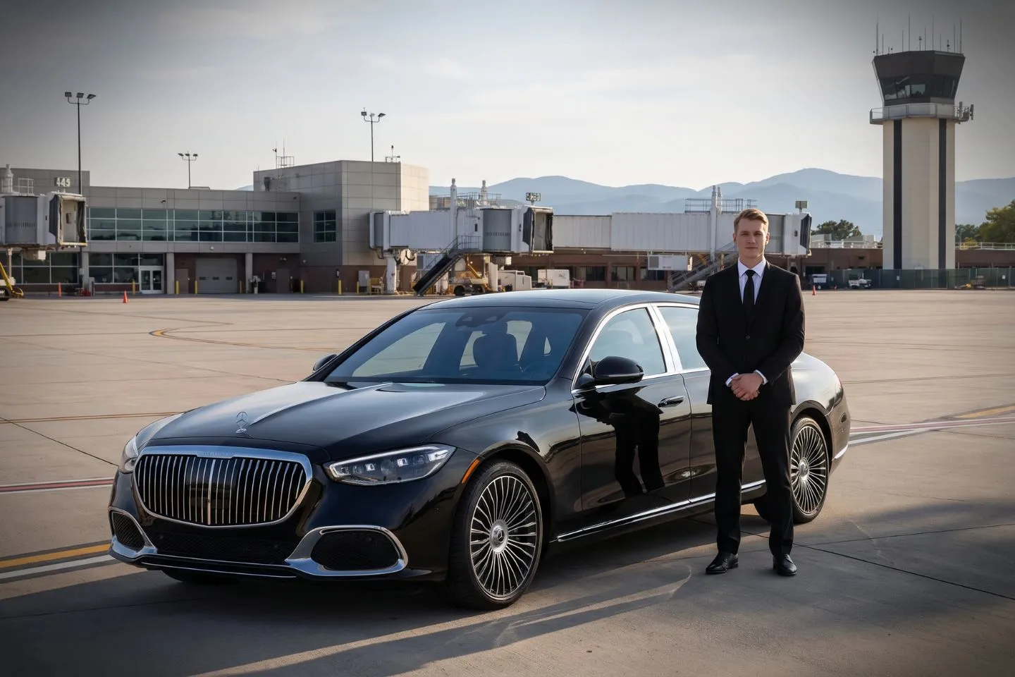 Burlington International (BTV) Airport Car Service Black luxury sedan parked at Burlington International Airport terminal curbside in Vermont
