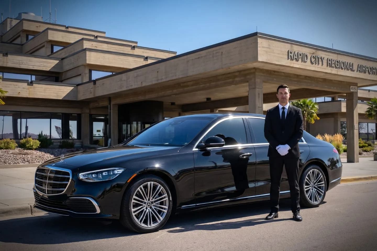 Rapid City Regional (RAP) Airport Car Service Luxury black Mercedes Benz S Class at Rapid City Regional Airport RAP terminal curbside in South Dakota