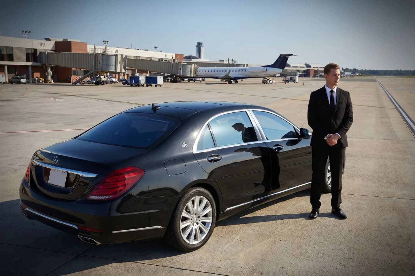 Richmond International (RIC) Airport Car Service Black luxury sedan parked at Richmond International Airport terminal curbside in Virginia