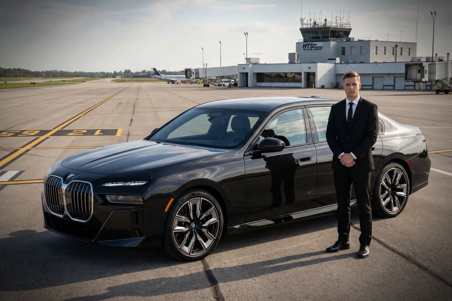 Huntington Tri State Airport (HTS) Airport Car Service Black luxury sedan parked at Huntington Tri State Airport terminal curbside in West Virginia
