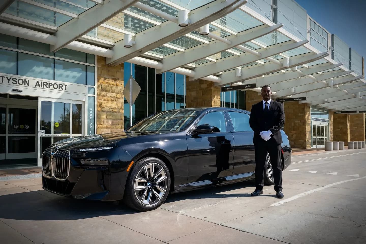 McGhee Tyson (TYS) Airport Car Service Luxury black Mercedes Benz S Class at McGhee Tyson Airport TYS terminal curbside in Alcoa Tennessee