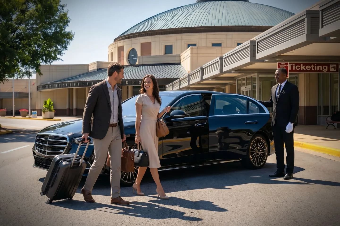 Chattanooga Metropolitan (CHA) Airport Car Service Luxury black Mercedes Benz S Class at Chattanooga Metropolitan Airport CHA terminal curbside in Tennessee