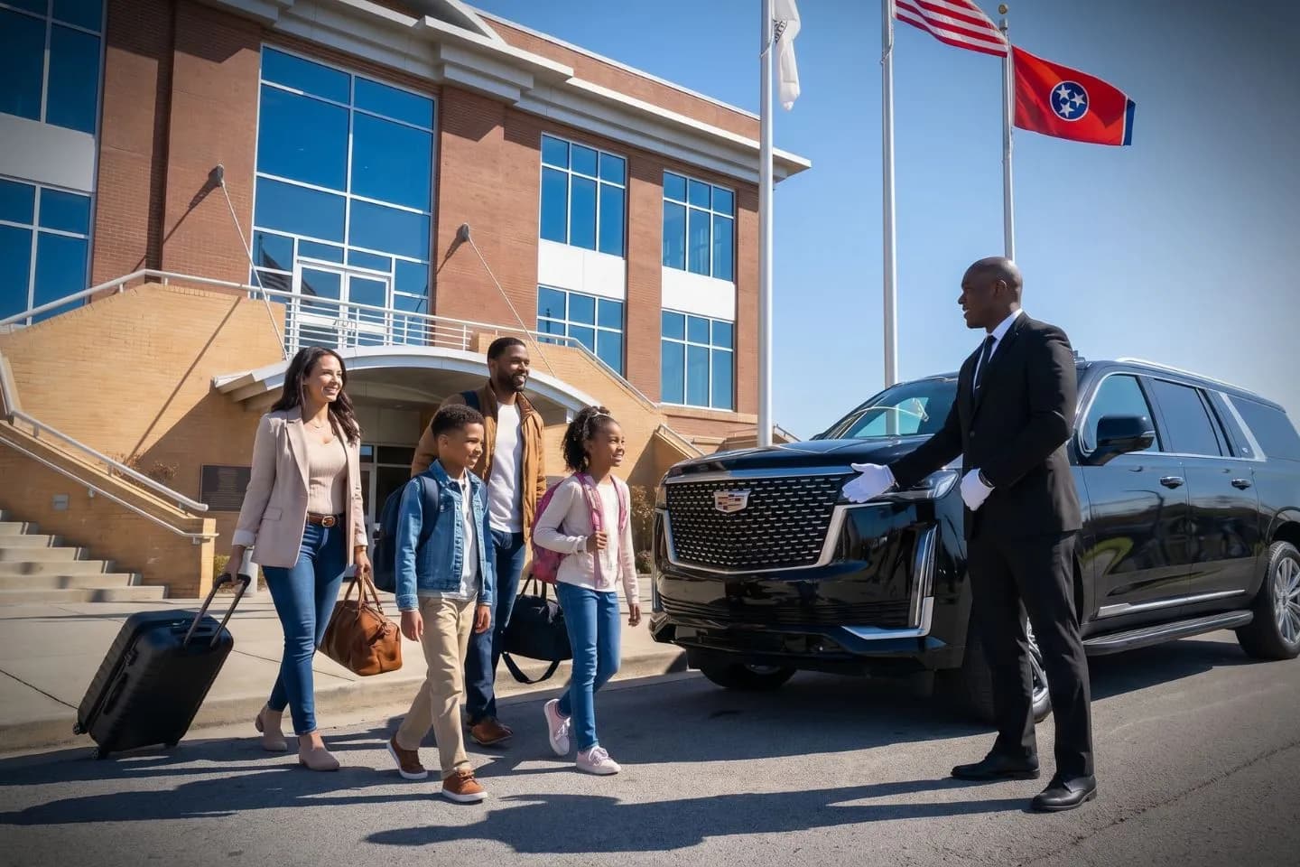Smyrna/Rutherford County (MQY) Airport Car Service Union Limousine chauffeur greeting Nissan executive at MQY Smyrna Rutherford County airport FBO