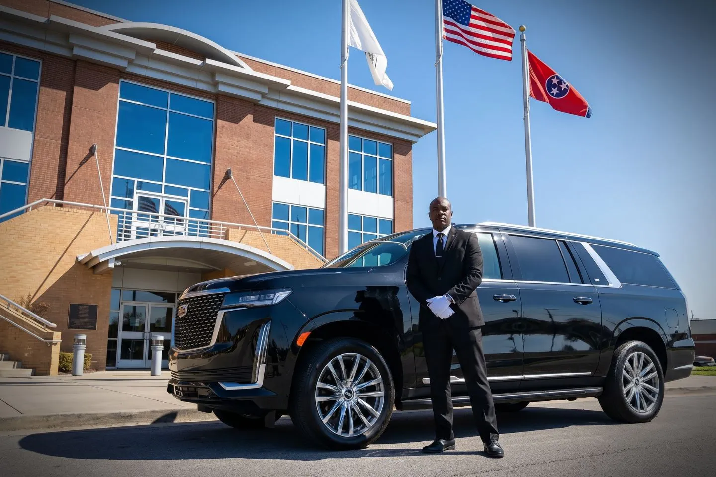 Smyrna/Rutherford County (MQY) Airport Car Service Luxury black Mercedes Benz S Class at Smyrna Rutherford County Airport MQY terminal curbside in Tennessee