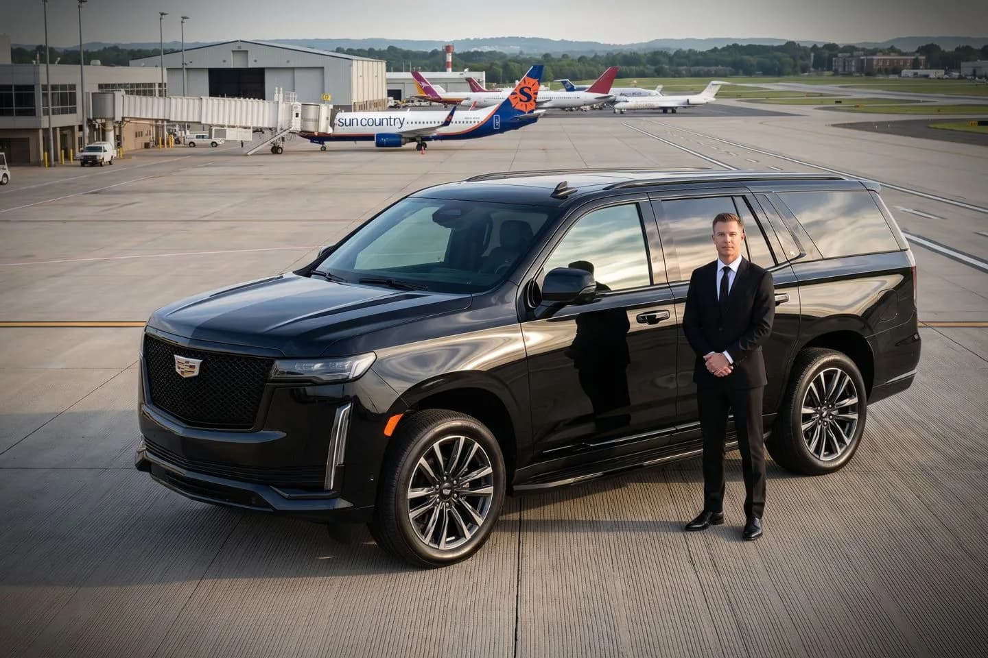 Smyrna/Rutherford County (MQY) Airport Car Service Black Cadillac Escalade chauffeured car at Smyrna Rutherford County airport for ride to Stones River National Battlefield