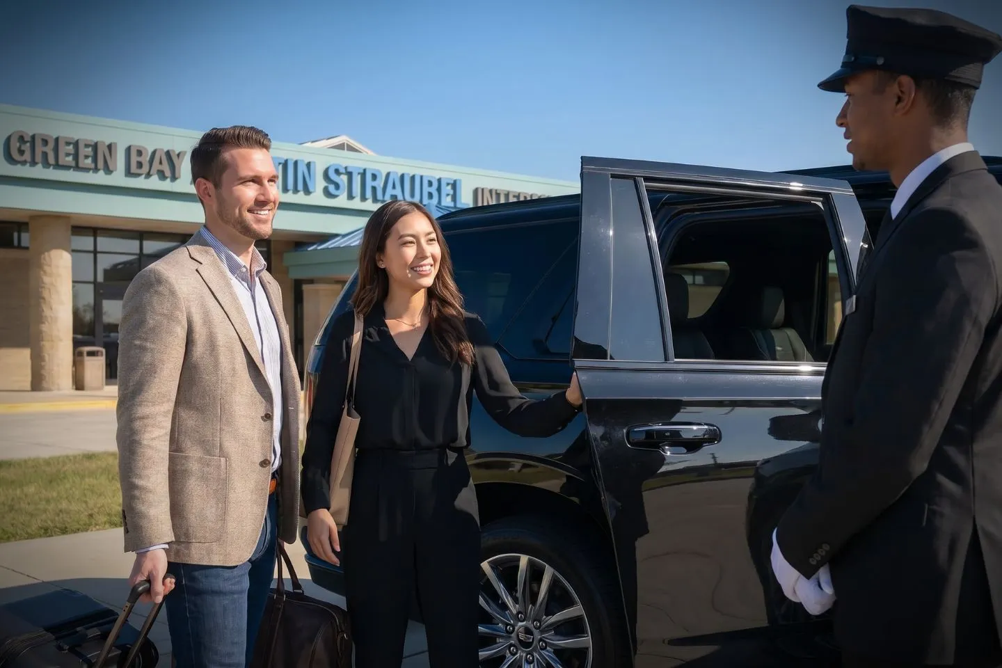 Green Bay Austin Straubel International (GRB) Airport Car Service Professional chauffeur greeting passenger at GRB baggage claim arrivals area