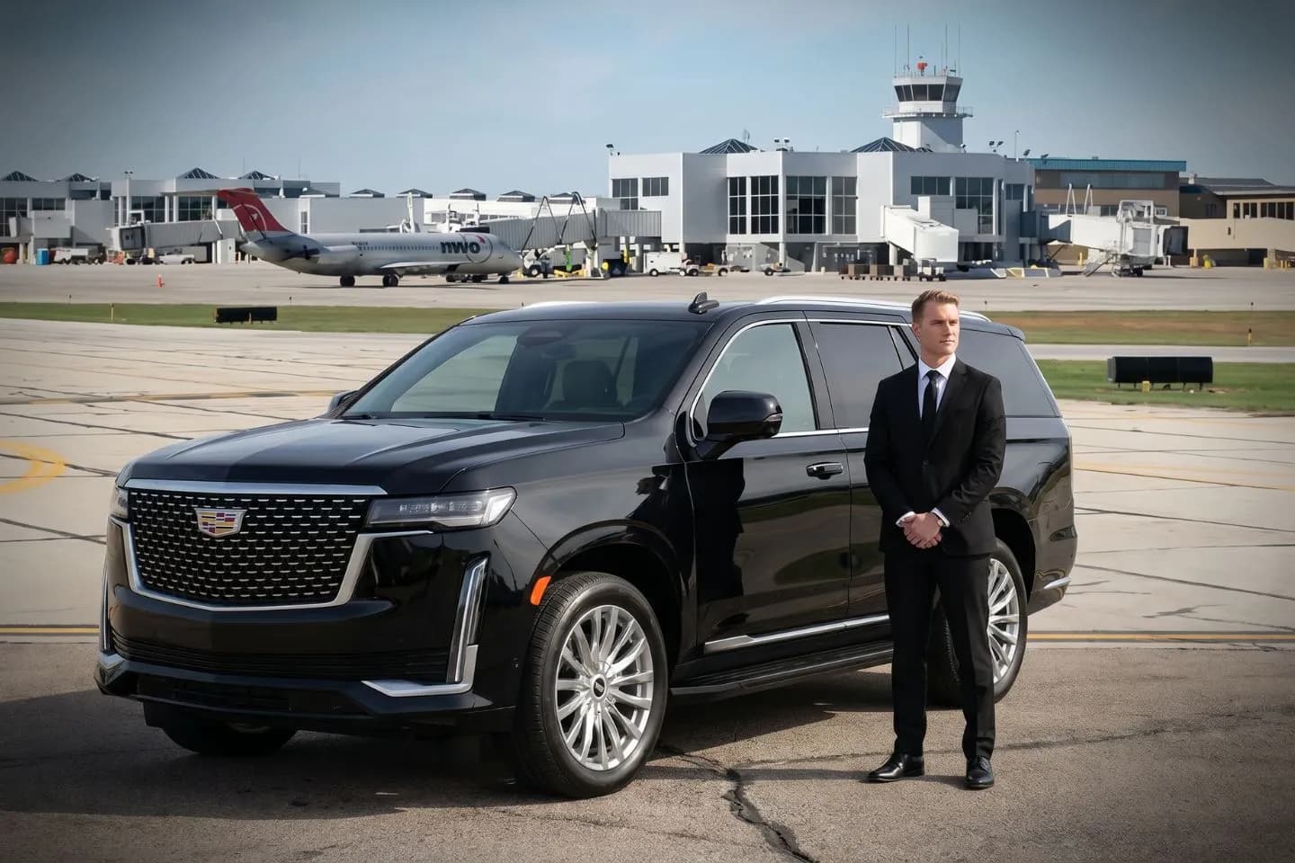 Green Bay Austin Straubel International (GRB) Airport Car Service Black luxury sedan parked at Green Bay Austin Straubel International Airport terminal curbside