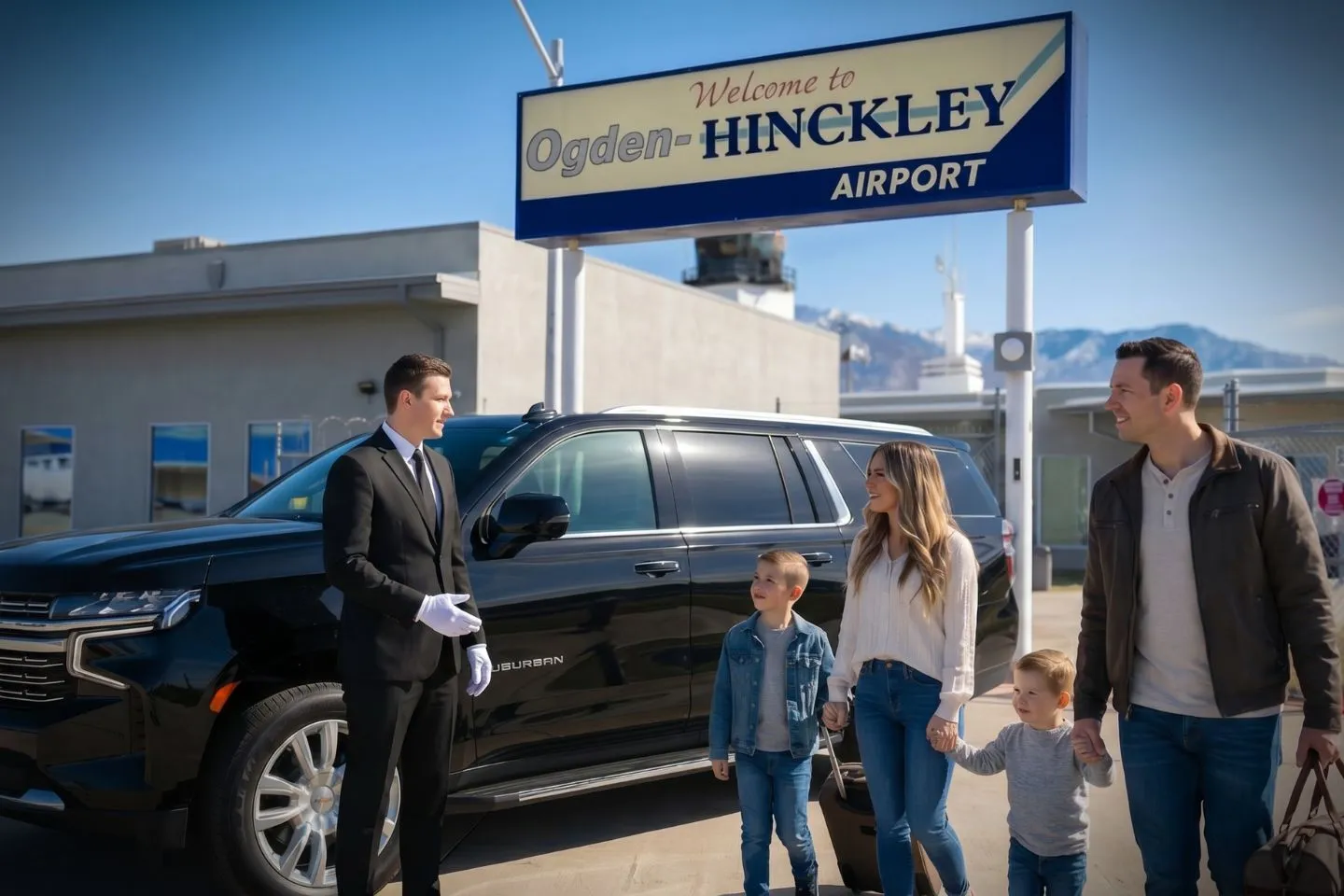 Ogden Hinckley (OGD) Airport Car Service Luxury black Mercedes Benz S Class at Ogden Hinckley Airport OGD terminal curbside in Utah