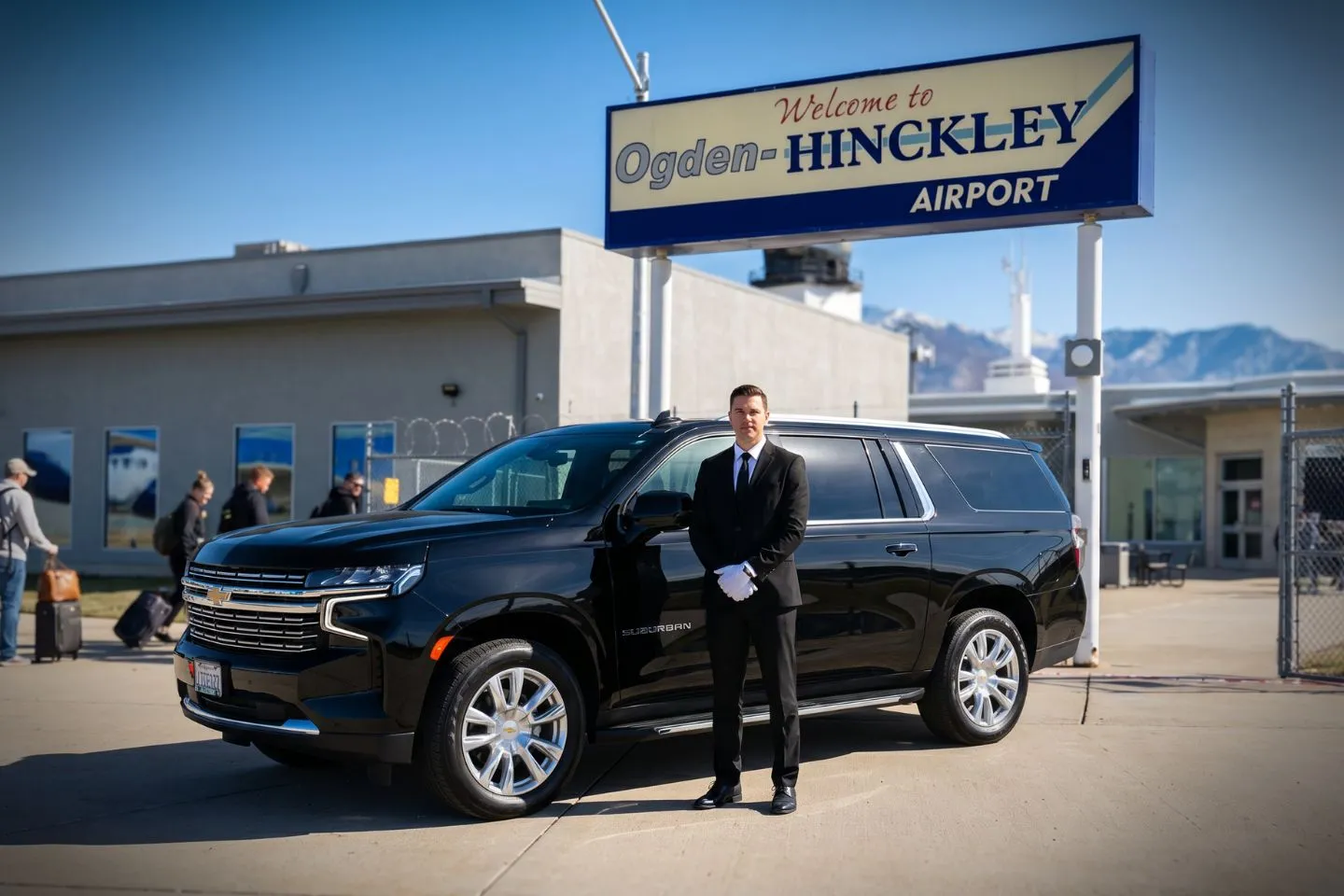 Ogden Hinckley (OGD) Airport Car Service Black Cadillac Escalade chauffeured car at Ogden Hinckley airport for ride to Weber State University Wildcats Stewart Stadium